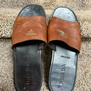 Prada | Shoes | Prada Mens Cognac Leather Logo Slide Sandals 